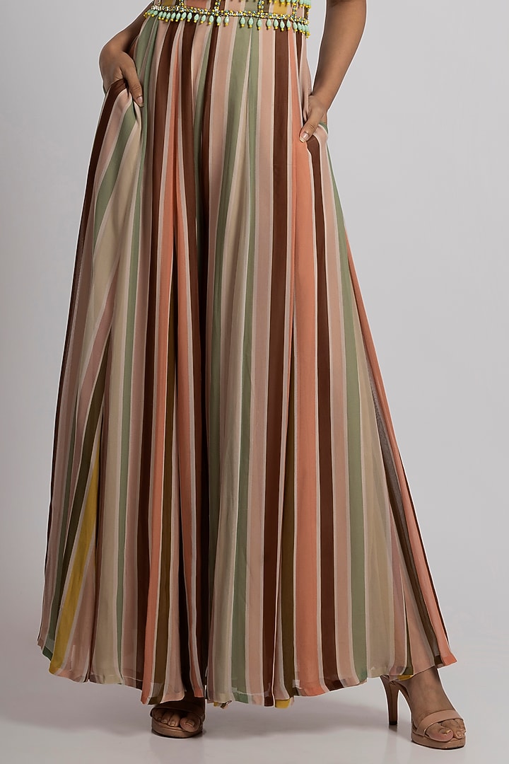 Multi-Colored Georgette Stripe Printed & Embroidered Jumpsuit by Rajat tangri at Pernia's Pop Up Shop
