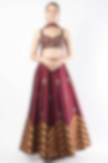 Wine Tafetta Embroidered Wedding Lehenga Set by Rajat tangri at Pernia's Pop Up Shop