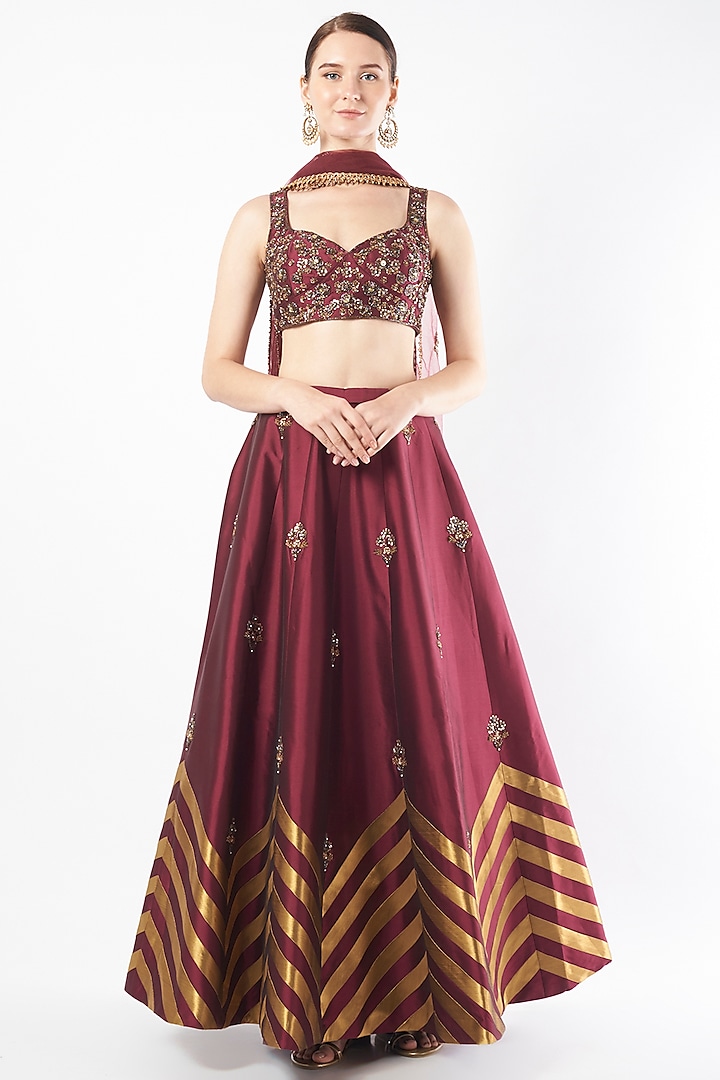 Wine Tafetta Embroidered Wedding Lehenga Set by Rajat tangri at Pernia's Pop Up Shop