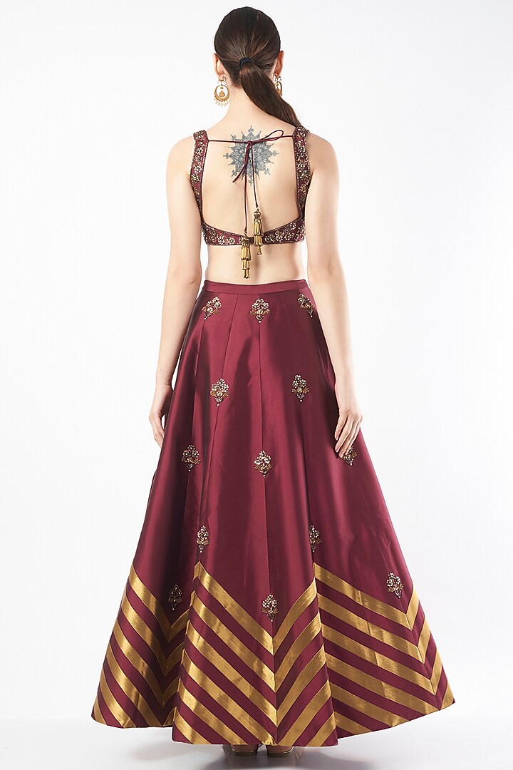 Wine Tafetta Embroidered Wedding Lehenga Set by Rajat tangri at Pernia's Pop Up Shop