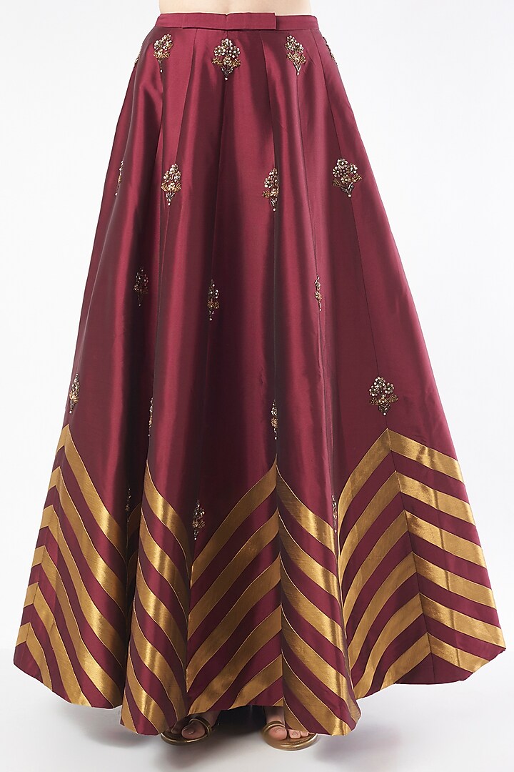 Wine Tafetta Embroidered Wedding Lehenga Set by Rajat tangri at Pernia's Pop Up Shop