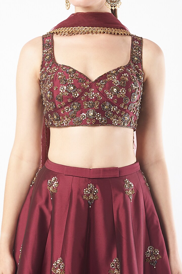 Wine Tafetta Embroidered Wedding Lehenga Set by Rajat tangri at Pernia's Pop Up Shop