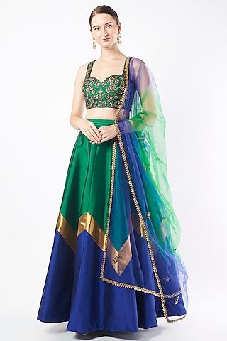 Blue & Emerald Green Taffeta Lehenga Set by Rajat tangri