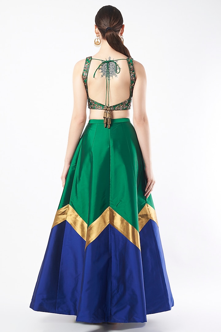 Blue & Emerald Green Taffeta Wedding Lehenga Set by Rajat tangri at Pernia's Pop Up Shop