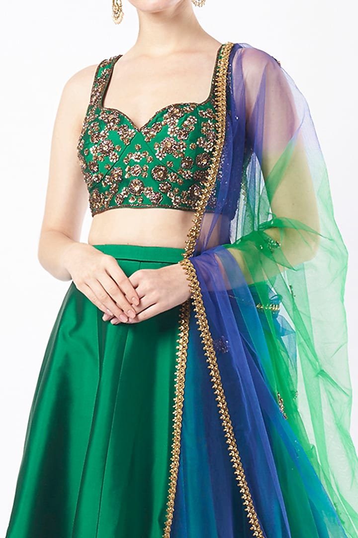 Blue & Emerald Green Taffeta Wedding Lehenga Set by Rajat tangri at Pernia's Pop Up Shop