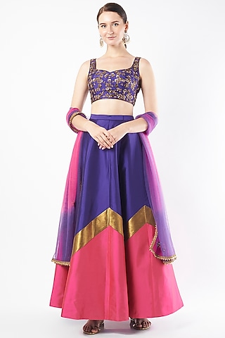 Violet & Fuschia Pink Tafetta Lehenga Set by Rajat tangri