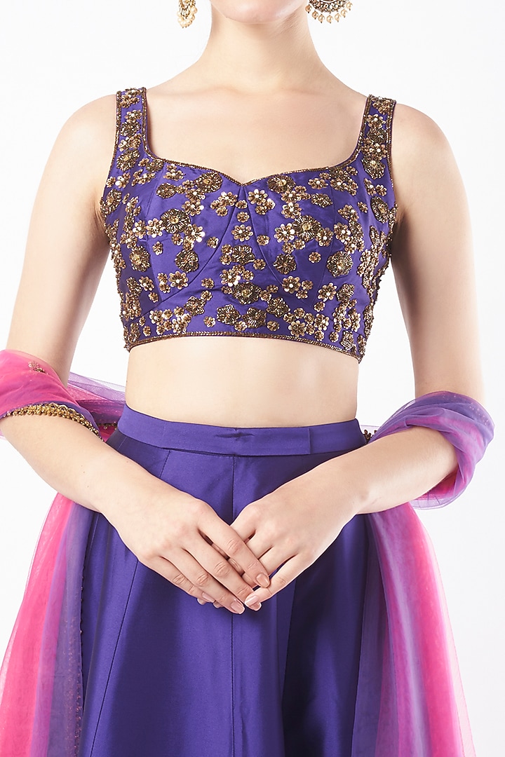 Violet & Fuschia Pink Tafetta Wedding Lehenga Set by Rajat tangri at Pernia's Pop Up Shop