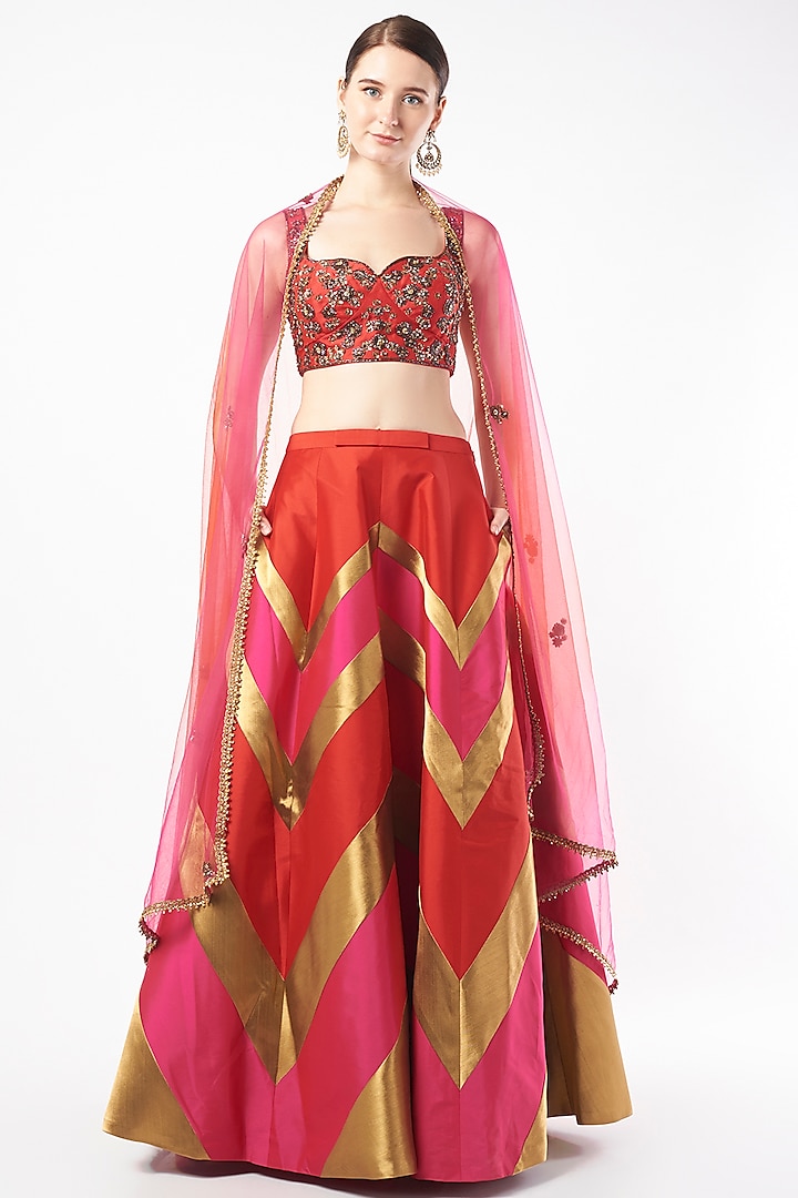 Multi-Colored Tafetta Lehenga Set by Rajat tangri