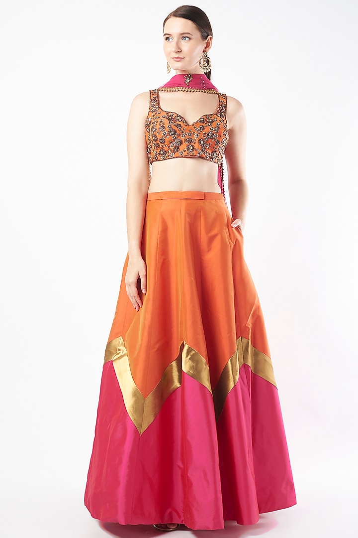 Orange & Fuschia Pink Taffeta Wedding Lehenga Set by Rajat tangri at Pernia's Pop Up Shop