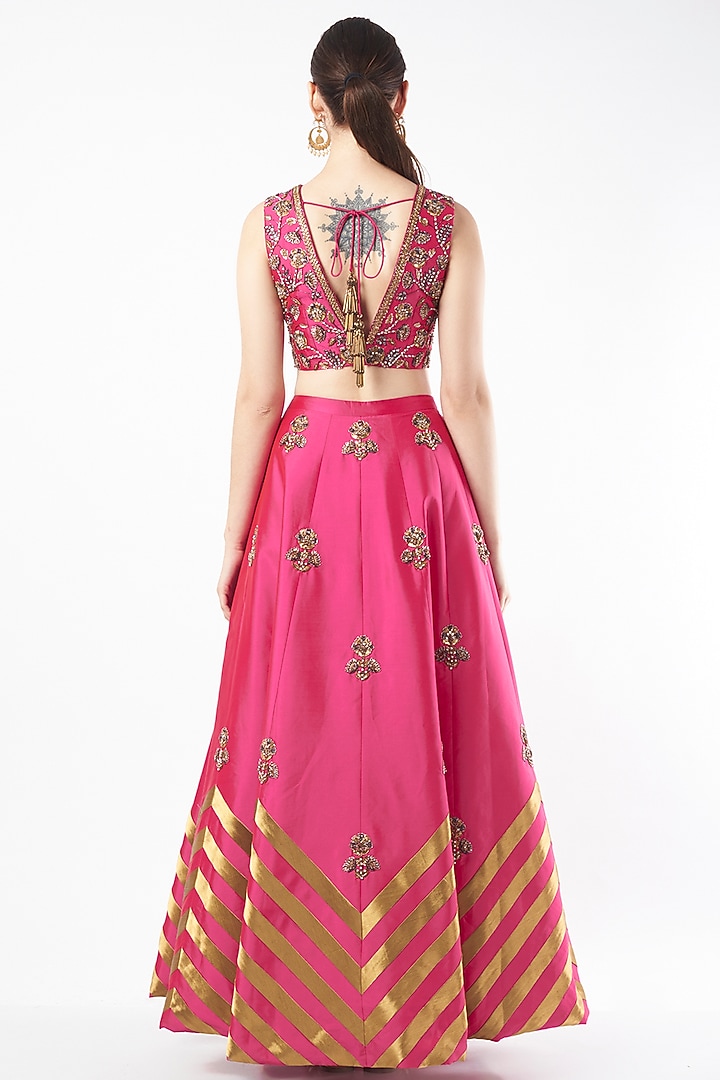 Fuschia Pink Tafetta Embroidered Wedding Lehenga Set by Rajat tangri at Pernia's Pop Up Shop