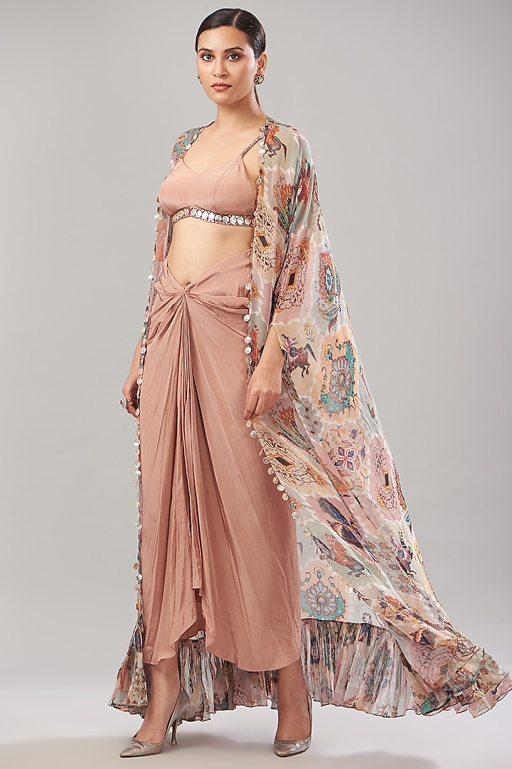 Pastel Georgette Printed & Embroidered Cape Set by Rajat tangri  at Pernia's Pop Up Shop