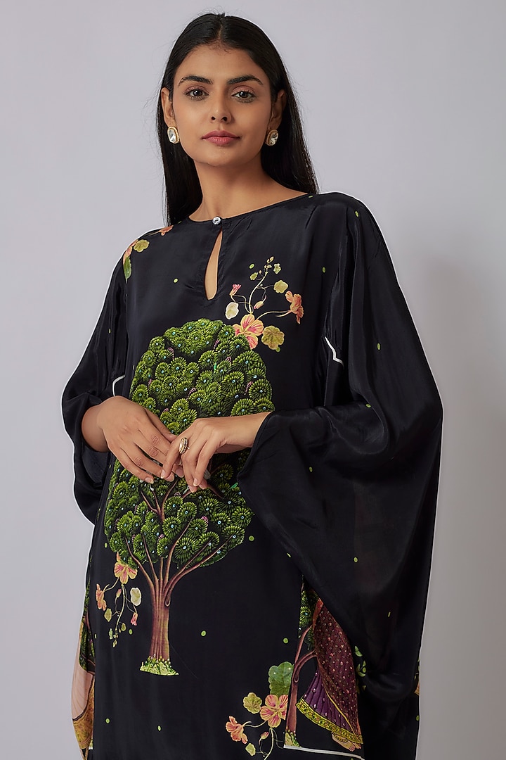 Black Crepe Printed Kaftan Set by Rajat tangri at Pernia's Pop Up Shop