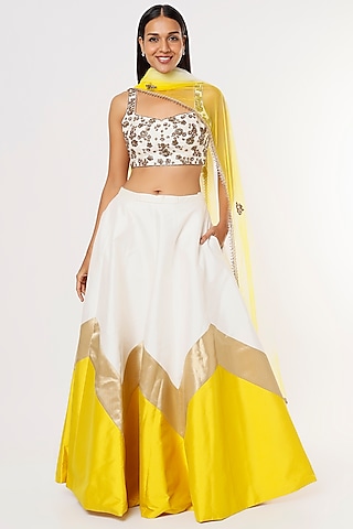 White & Yellow Printed Lehenga Set by Rajat tangri 