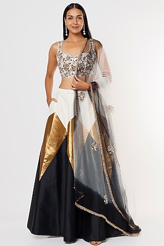 White & Black Multi-Chevron Printed Lehenga Set by Rajat tangri 