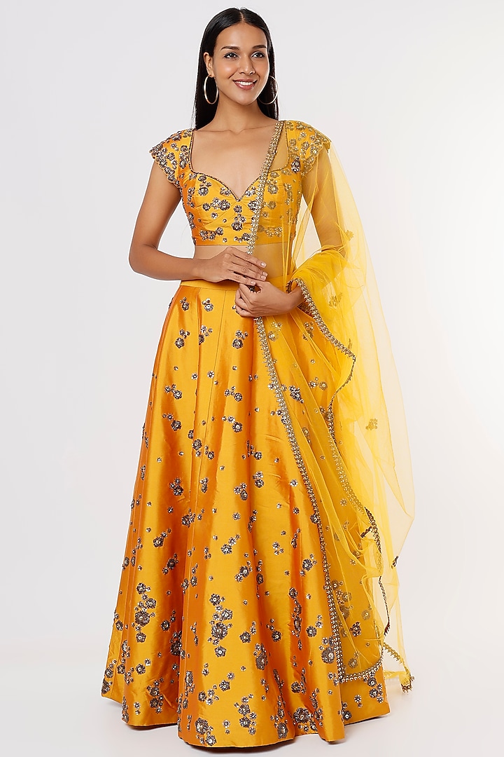 Chrome Yellow Hand Embroidered Lehenga Set by Rajat tangri 