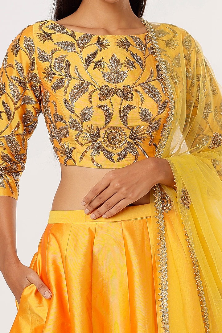Yellow Taffeta Printed Wedding Lehenga Set by Rajat tangri at Pernia's Pop Up Shop