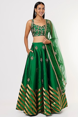 Emerald Green Taffeta Printed Lehenga Set by Rajat tangri 