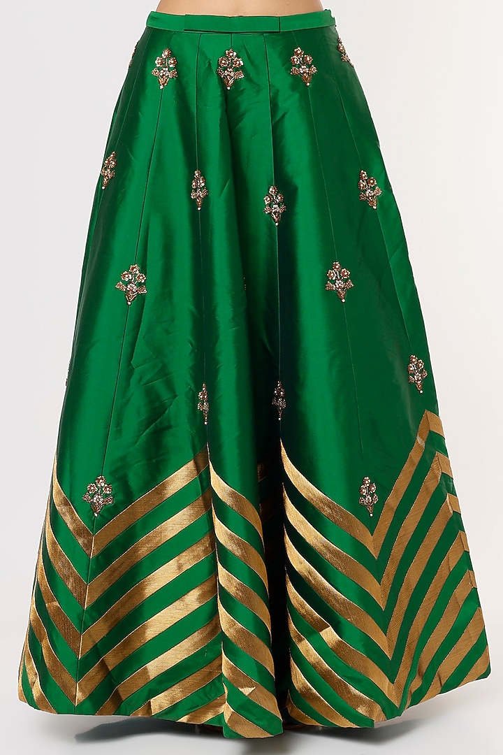 Emerald Green Taffeta Printed Wedding Lehenga Set by Rajat tangri at Pernia's Pop Up Shop