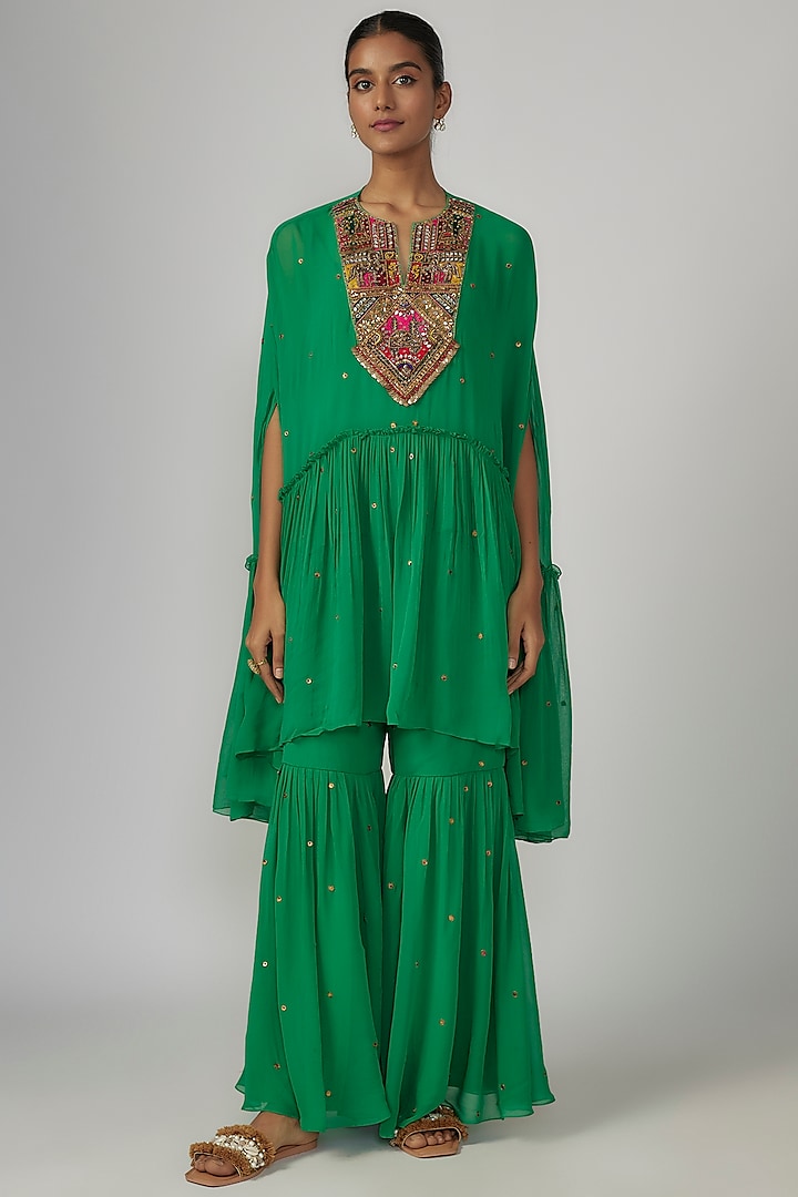 Green Georgette Sharara Set by Rajat tangri  at Pernia's Pop Up Shop