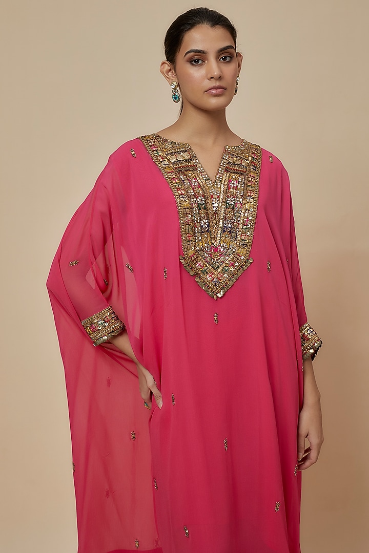 Pink Georgette Hand Embroidered Kaftan Set by Rajat tangri at Pernia's Pop Up Shop