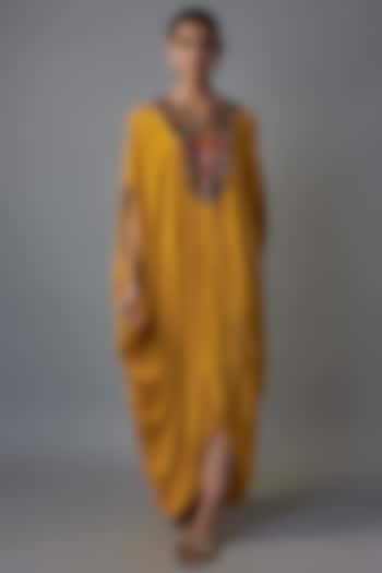 Yellow Crepe Patch Embroidered Kaftan by Rajat tangri  at Pernia's Pop Up Shop