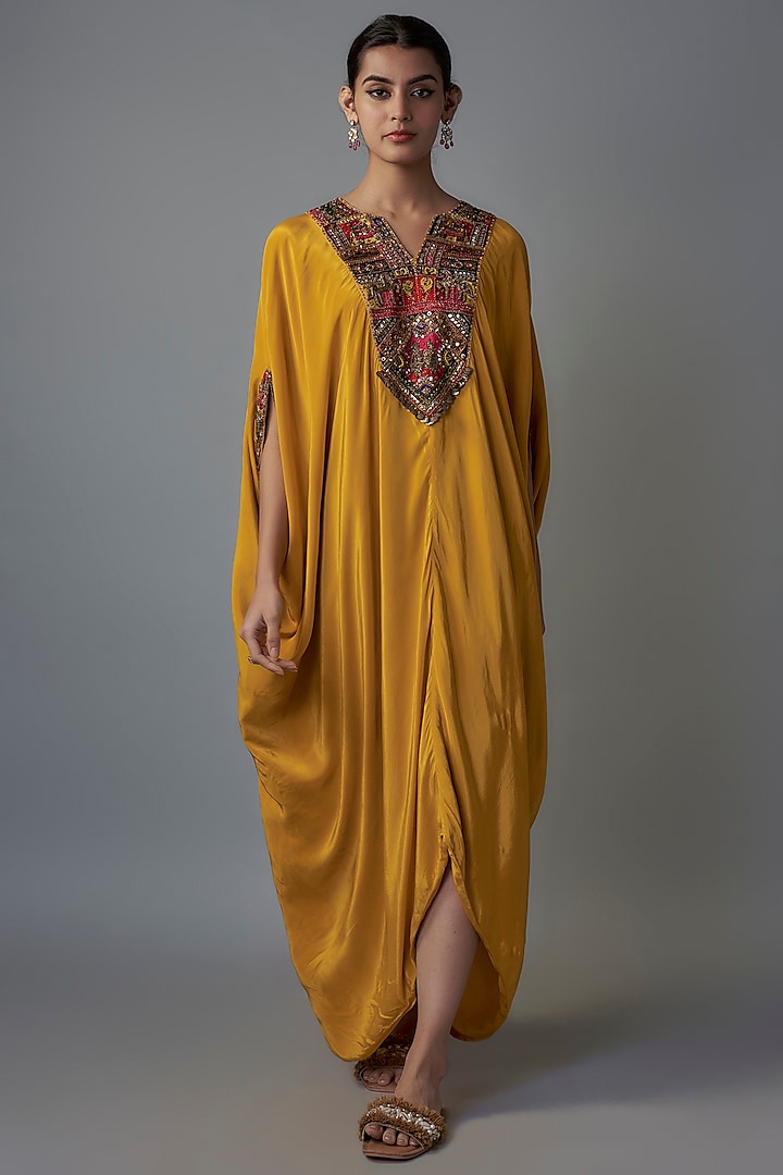 Yellow Crepe Patch Embroidered Kaftan by Rajat tangri  at Pernia's Pop Up Shop