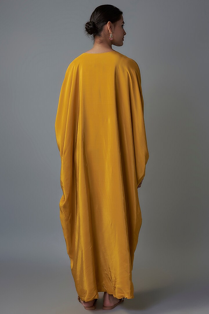 Yellow Crepe Patch Embroidered Kaftan by Rajat tangri at Pernia's Pop Up Shop