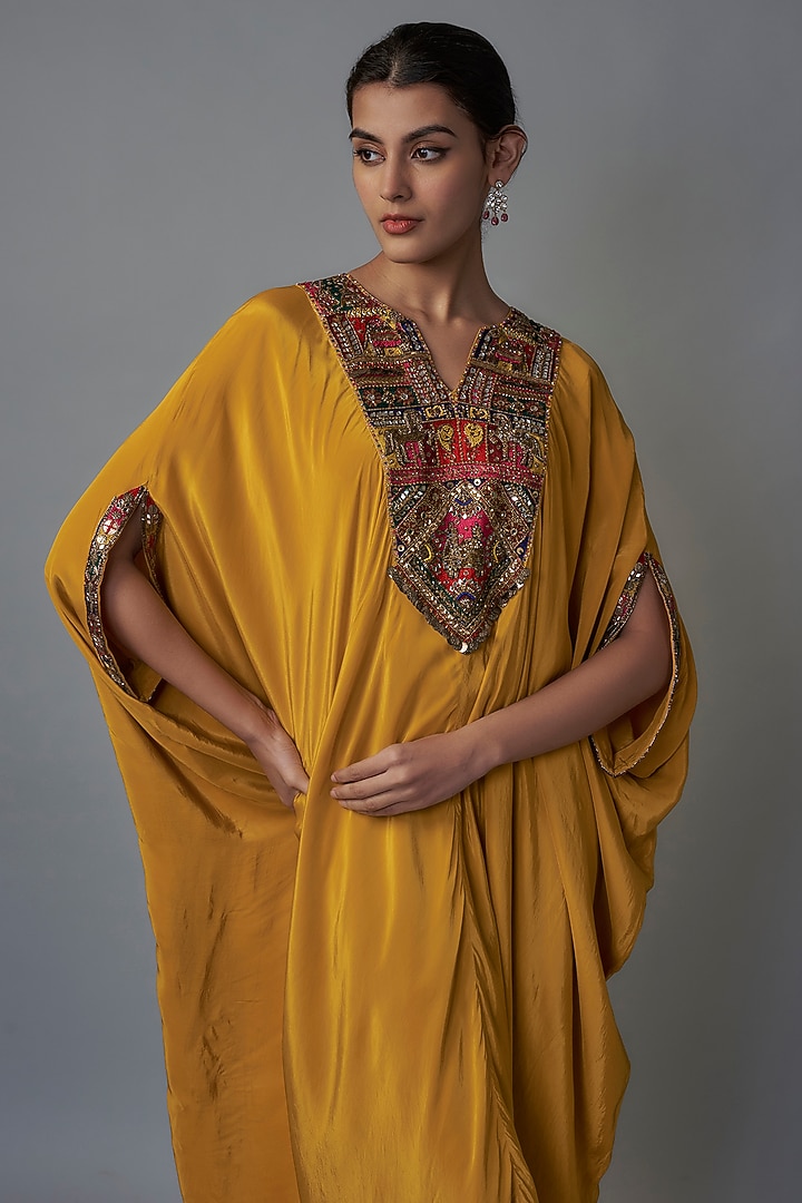 Yellow Crepe Patch Embroidered Kaftan by Rajat tangri at Pernia's Pop Up Shop