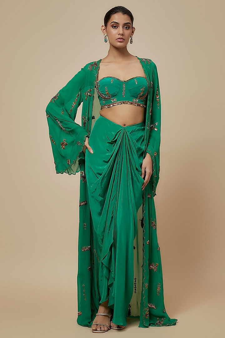 Green Crepe & Georgette Draped Skirt Set by Rajat tangri at Pernia's Pop Up Shop