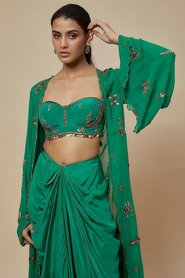 Green Crepe & Georgette Draped Skirt Set by Rajat tangri at Pernia's Pop Up Shop
