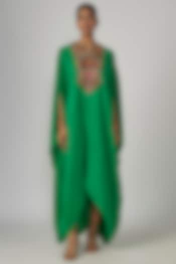 Green Crepe Hand Embroidered Cowl Kaftan by Rajat tangri  at Pernia's Pop Up Shop