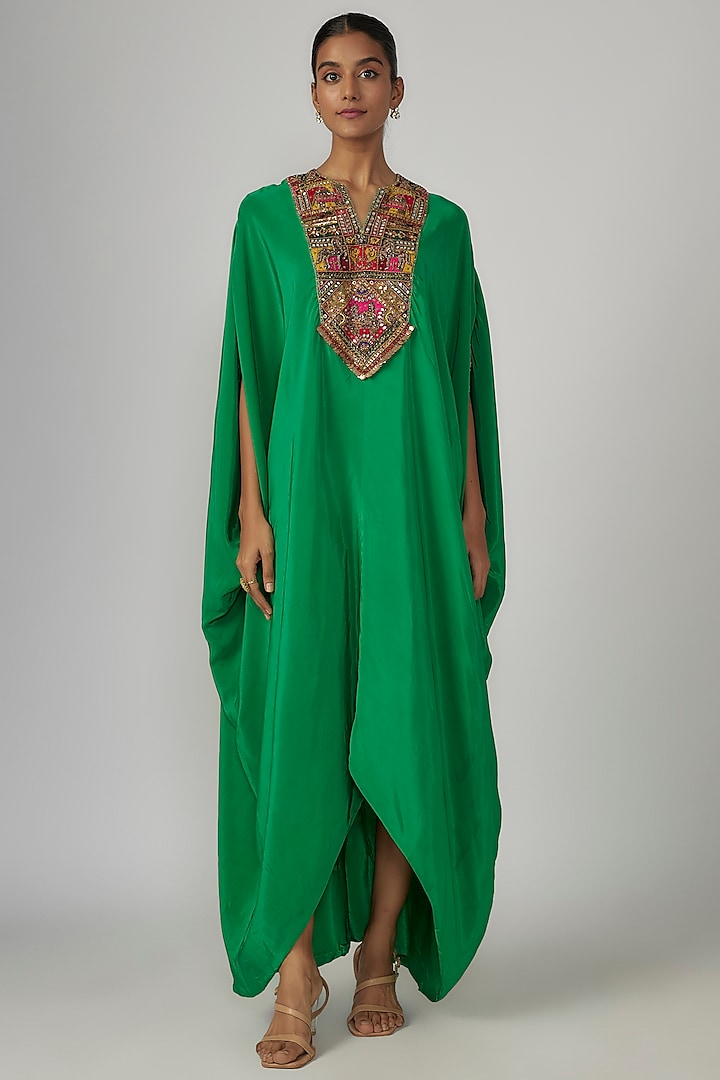 Green Crepe Hand Embroidered Cowl Kaftan by Rajat tangri  at Pernia's Pop Up Shop