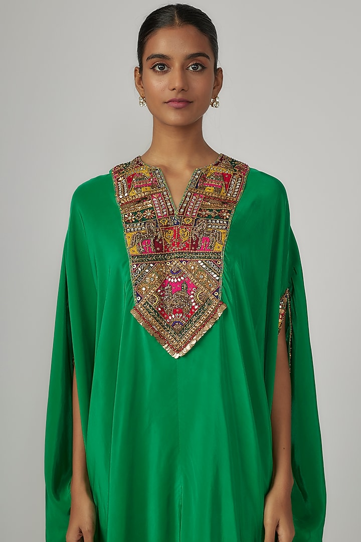 Green Crepe Hand Embroidered Cowl Kaftan by Rajat tangri at Pernia's Pop Up Shop