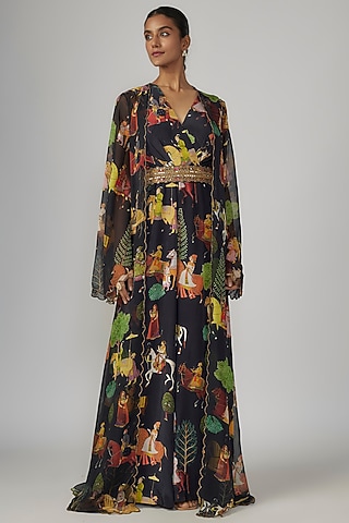 Black Crepe & Georgette Jumpsuit With Cape by Rajat tangri 