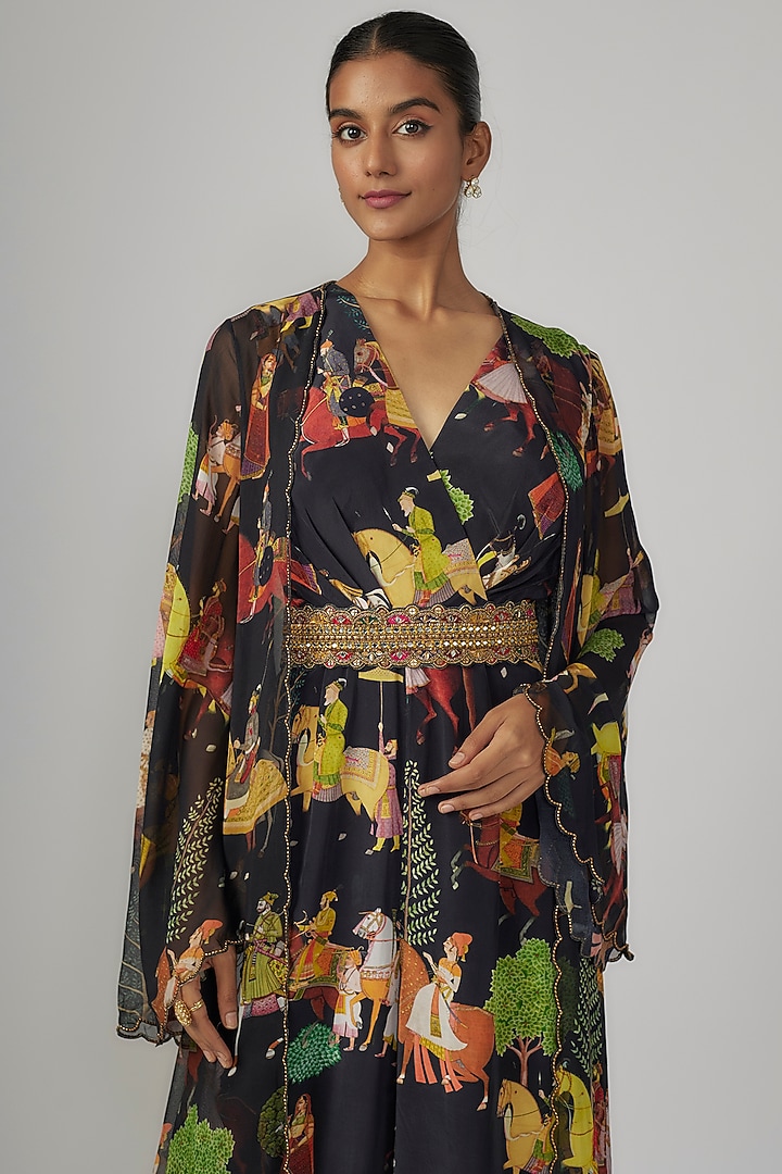 Black Crepe & Georgette Jumpsuit With Cape by Rajat tangri at Pernia's Pop Up Shop