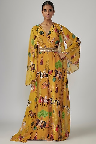 Yellow Crepe & Georgette Jumpsuit With Cape by Rajat tangri 