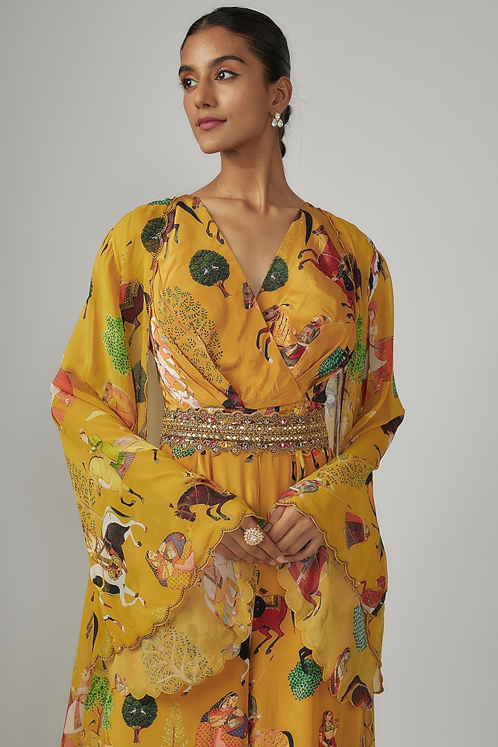 Yellow Crepe & Georgette Jumpsuit With Cape by Rajat tangri at Pernia's Pop Up Shop