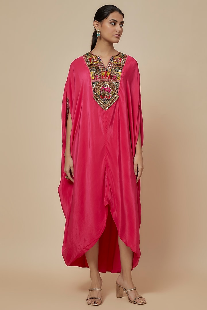 Pink Crepe Hand Embroidered Kaftan by Rajat tangri at Pernia's Pop Up Shop