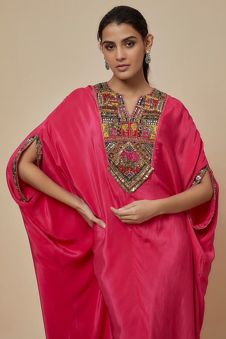 Pink Crepe Hand Embroidered Kaftan by Rajat tangri at Pernia's Pop Up Shop