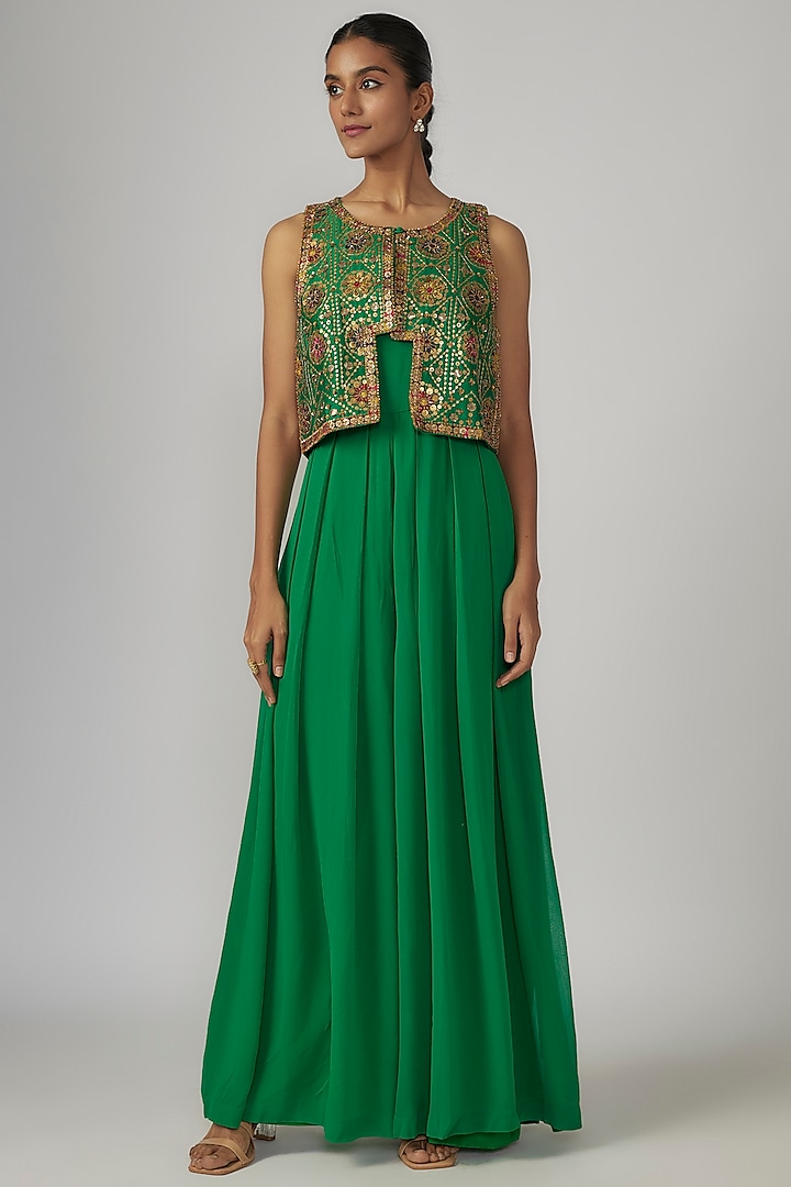 Green Chanderi & Georgette Jumpsuit With Jacket by Rajat tangri  at Pernia's Pop Up Shop