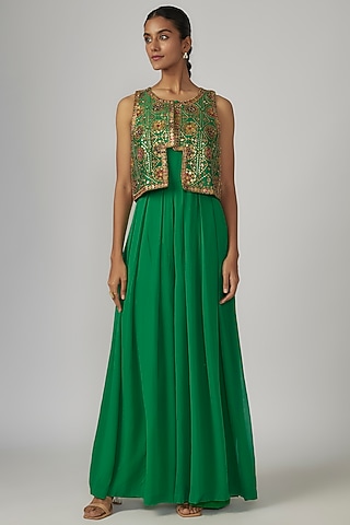 Green Chanderi & Georgette Jumpsuit With Jacket by Rajat tangri 