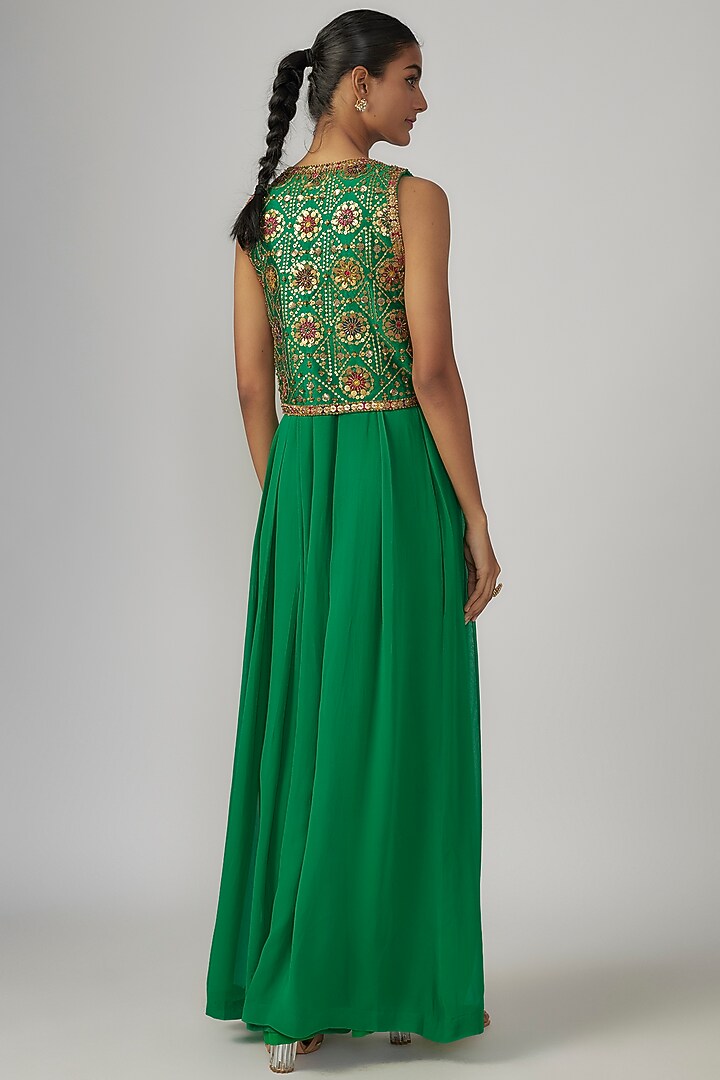Green Chanderi & Georgette Jumpsuit With Jacket by Rajat tangri at Pernia's Pop Up Shop
