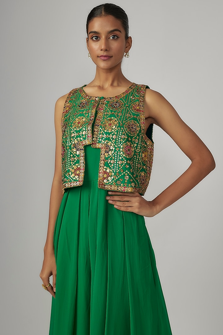 Green Chanderi & Georgette Jumpsuit With Jacket by Rajat tangri at Pernia's Pop Up Shop