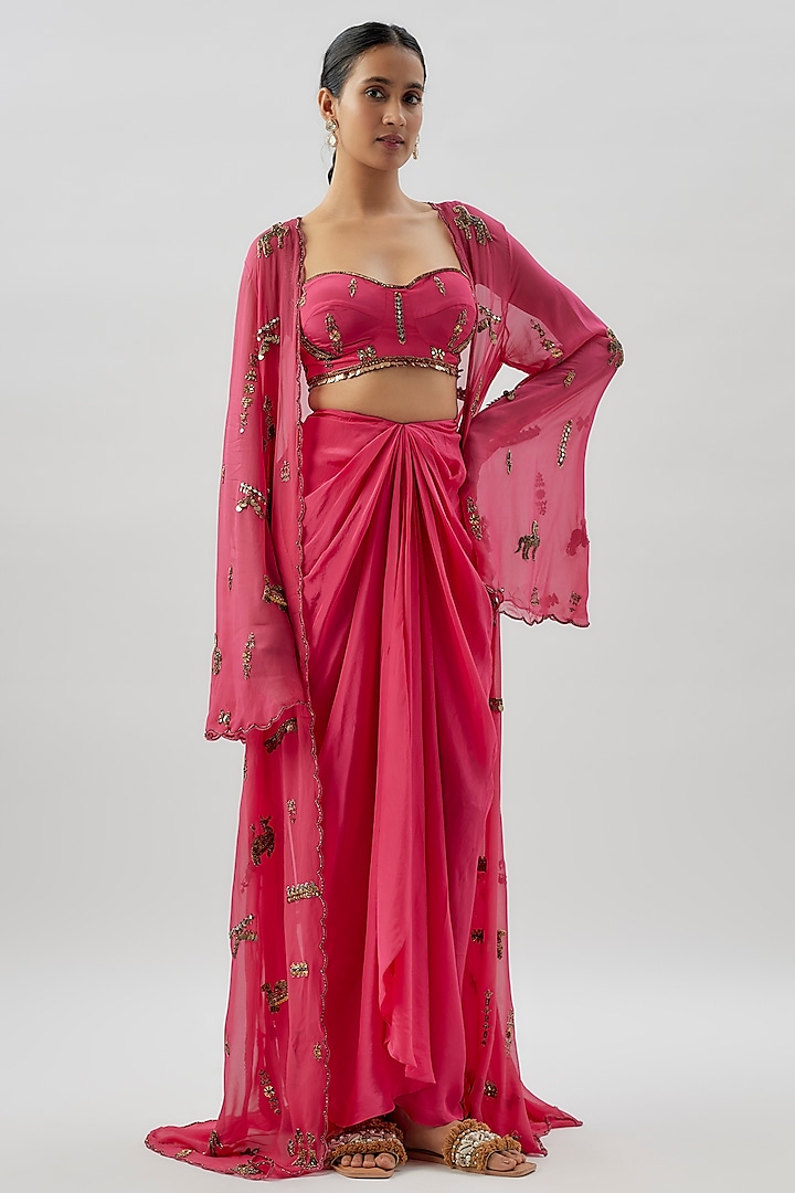 Pink Georgette Embellished Cape Set by Rajat tangri  at Pernia's Pop Up Shop