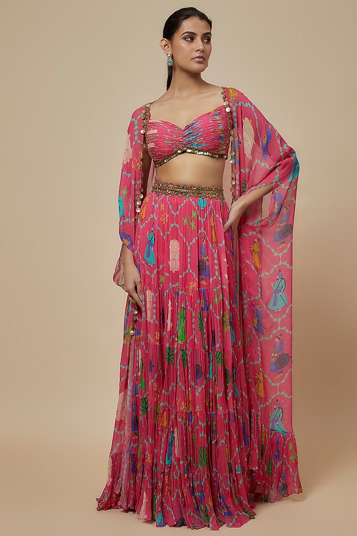 Pink Georgette Hand Embroidered Wedding Lehenga Set by Rajat tangri at Pernia's Pop Up Shop