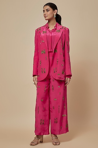 Pink Crepe Hand Embroidered Blazer Set by Rajat tangri