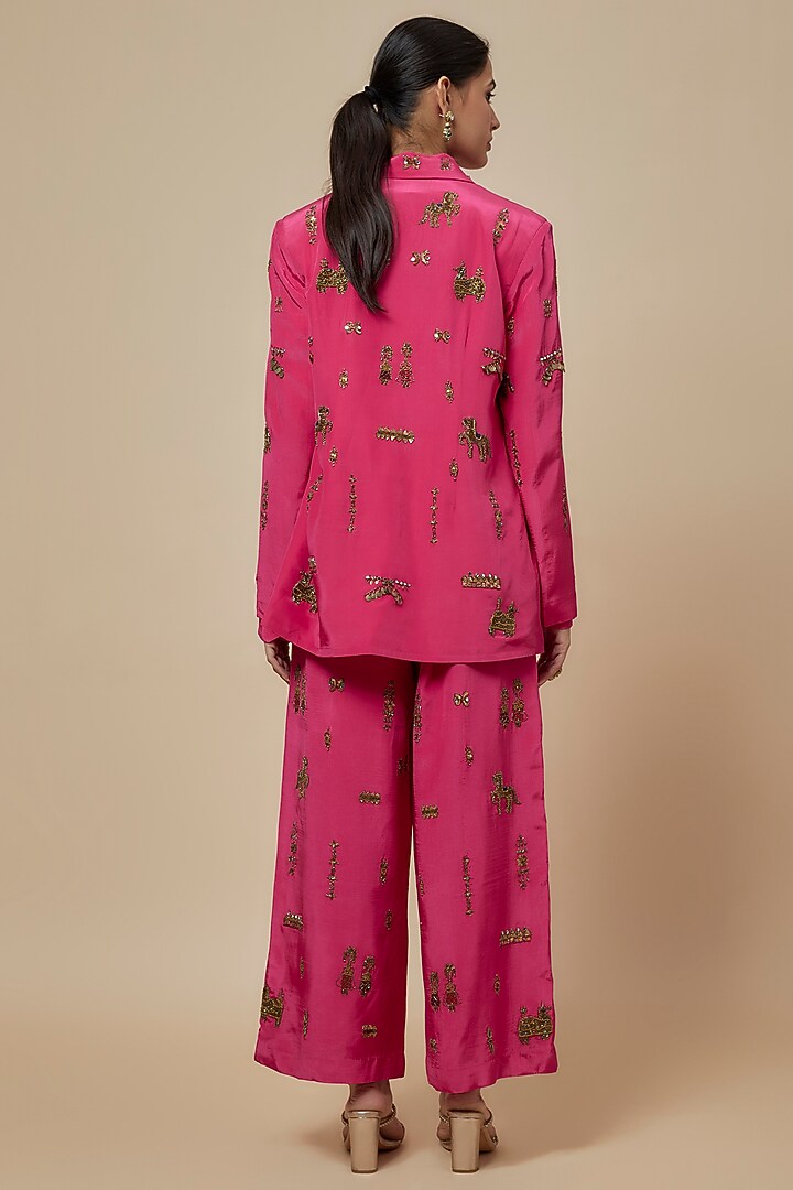 Pink Crepe Hand Embroidered Blazer Set by Rajat tangri at Pernia's Pop Up Shop