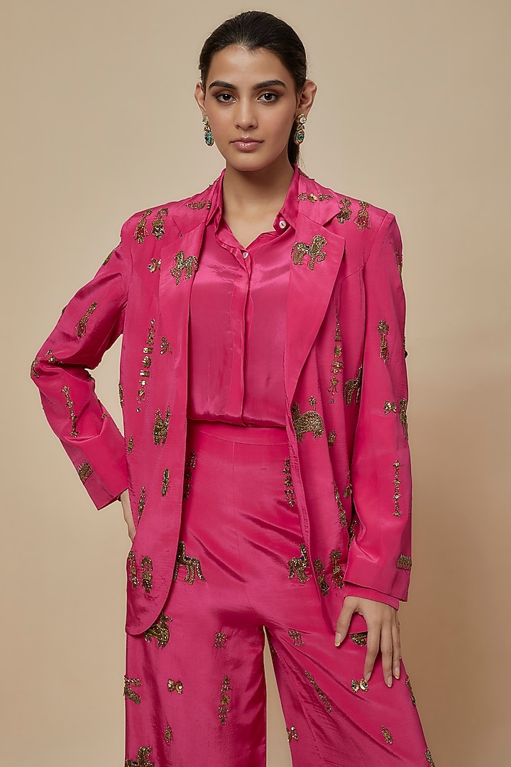 Pink Crepe Hand Embroidered Blazer Set by Rajat tangri at Pernia's Pop Up Shop