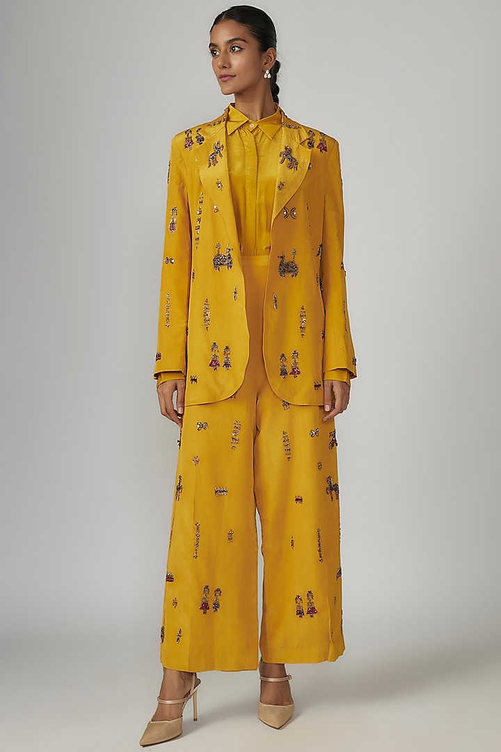 Yellow Crepe Hand Embroidered Pant Suit Set by Rajat tangri  at Pernia's Pop Up Shop