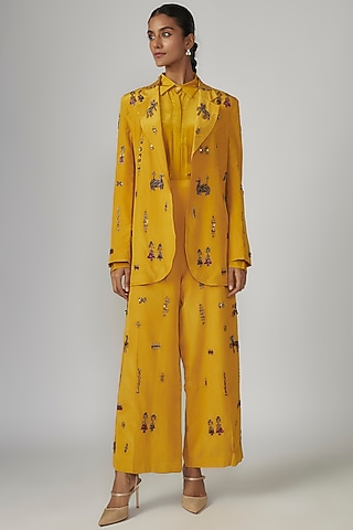 Yellow Crepe Hand Embroidered Pant Suit Set by Rajat tangri 